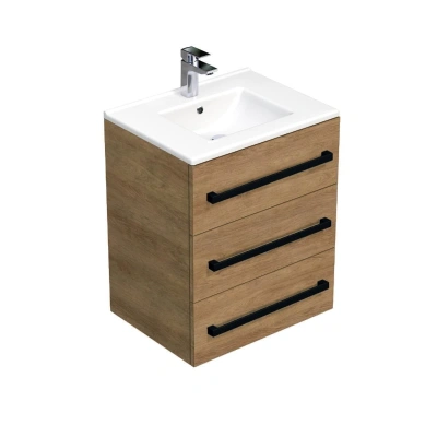 Koupelnová skříňka s černou úchytkou a umyvadlem SAT Cube Way 60x71x46 cm dub Hickory mat CUBE46C603DHMOD