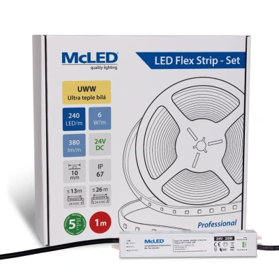 McLED LED pásek - sada 1 m, 240 LED/m, UWW, 6 W/m, DC 24V, 380 lm/m, CRI90, IP67, 10 mm, vodič 3 m ML-126.036.90.S01001