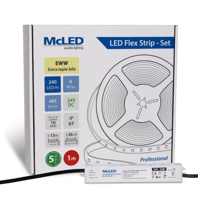 McLED LED pásek - sada 1 m, 240 LED/m, EWW, 6 W/m, DC 24V, 485 lm/m, CRI90, IP67, 10 mm, vodič 3 m ML-126.035.90.S01001