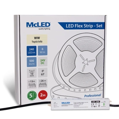 McLED LED pásek - sada 2 m, 240 LED/m, WW, 6 W/m, DC 24V, 500 lm/m, CRI90, IP67, 10 mm, vodič 3 m ML-126.034.90.S02001