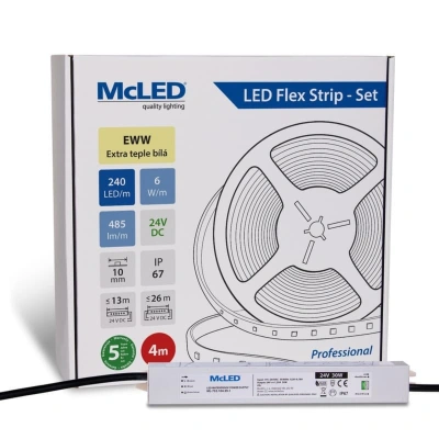 McLED LED pásek - sada 4 m, 240 LED/m, EWW, 6 W/m, DC 24V, 485 lm/m, CRI90, IP67, 10 mm, vodič 3 m ML-126.035.90.S04001