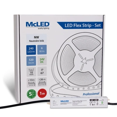 McLED LED pásek - sada 1 m, 240 LED/m, NW, 6 W/m, DC 24V, 520 lm/m, CRI90, IP67, 10 mm, vodič 3 m ML-126.033.90.S01001