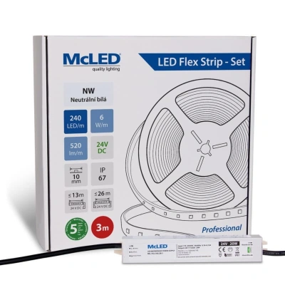 McLED LED pásek - sada 3 m, 240 LED/m, NW, 6 W/m, DC 24V, 520 lm/m, CRI90, IP67, 10 mm, vodič 3 m ML-126.033.90.S03001