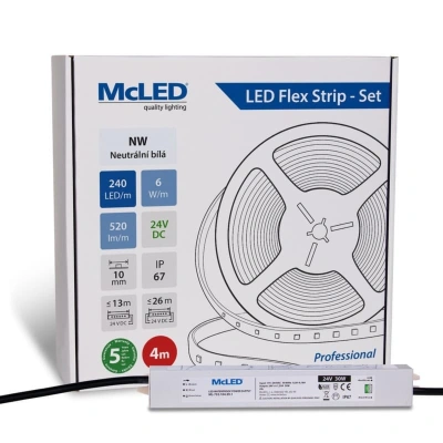 McLED LED pásek - sada 4 m, 240 LED/m, NW, 6 W/m, DC 24V, 520 lm/m, CRI90, IP67, 10 mm, vodič 3 m ML-126.033.90.S04001