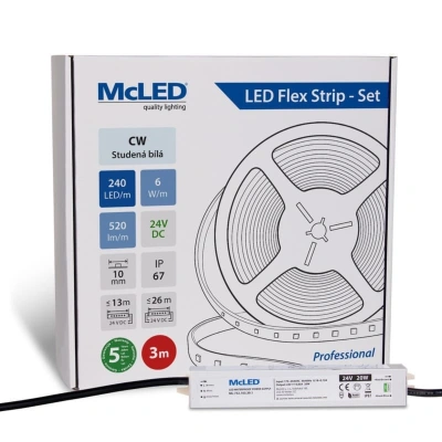 McLED LED pásek - sada 3 m, 240 LED/m, CW, 6 W/m, DC 24V, 520 lm/m, CRI90, IP67, 10 mm, vodič 3 m ML-126.032.90.S03001